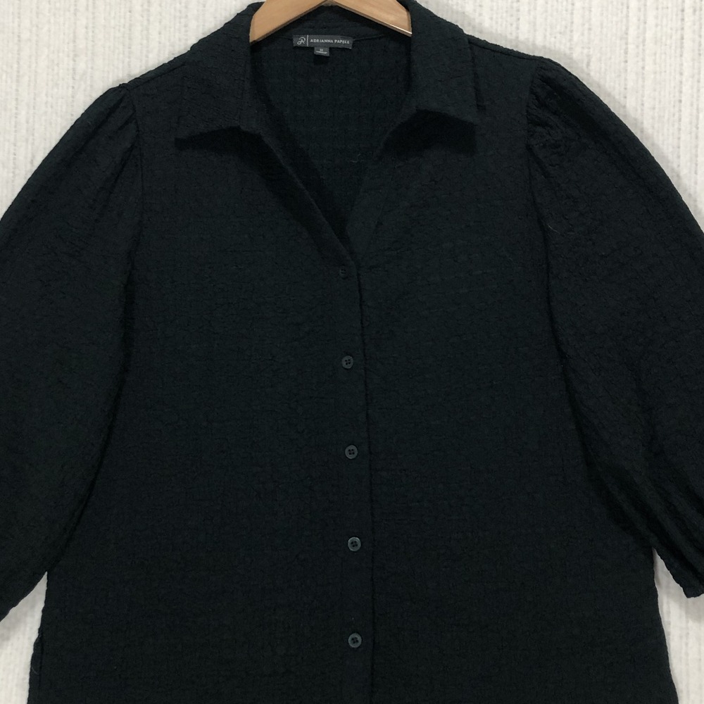 Adrianna Papell Forest Green Crinkle Textured Puff Sleeve Button Down Blouse M